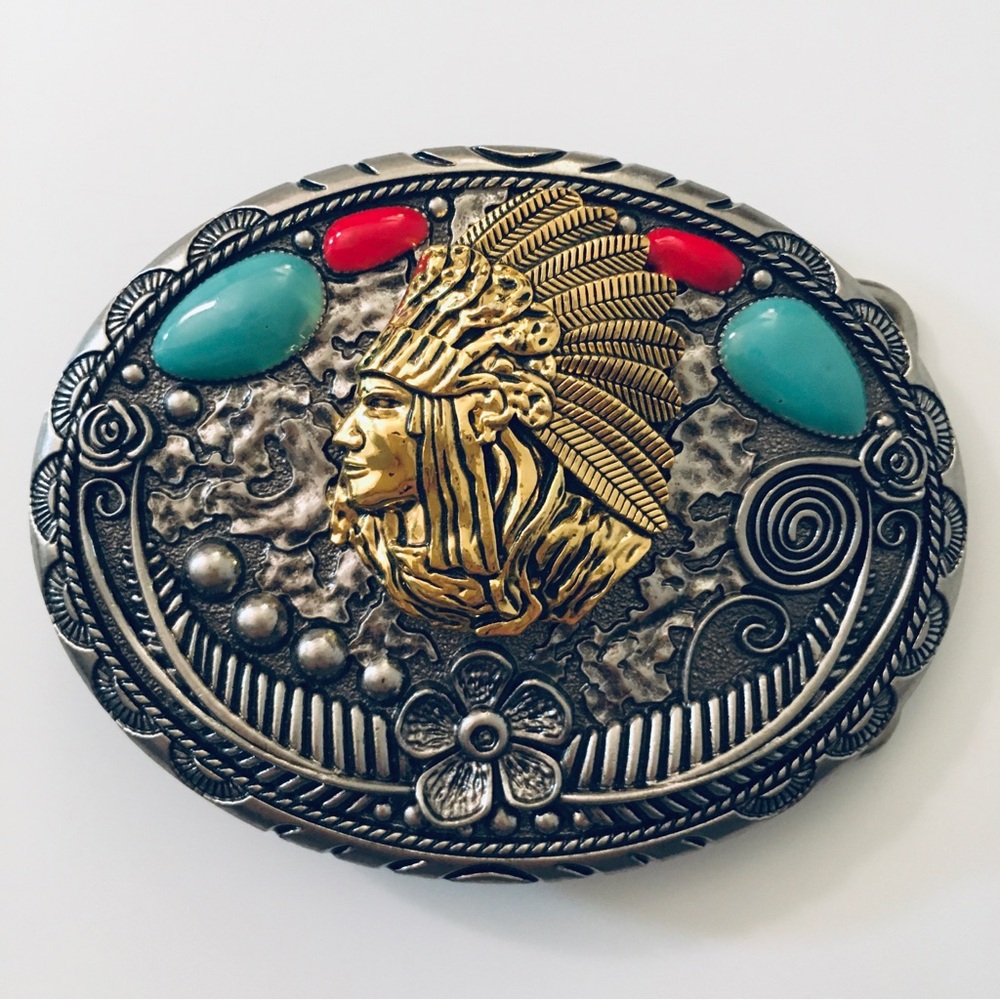 Native American Chief Head with Feathers Turquoise Gold Geronimo Belt Buckle
